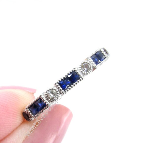 Blue Sapphire Milgrain Bezel Princess Wedding Band